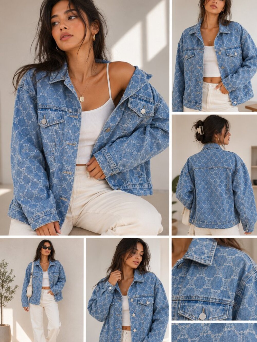 Blue Monogram Print Denim Jacket Oversized Button Front Cotton Blend